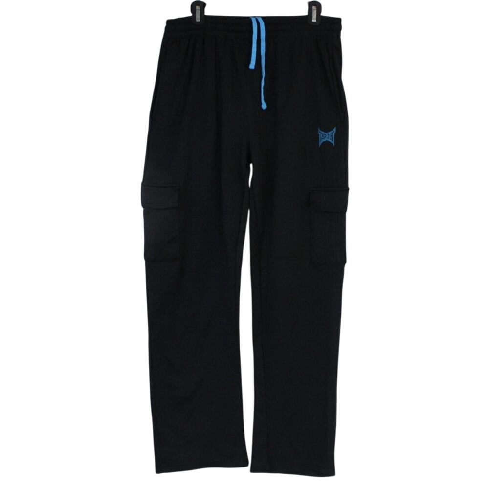 Y2K Tapout Cargo Sweatpants Mens M Black Blue Logo MMA Baggy Straight Leg